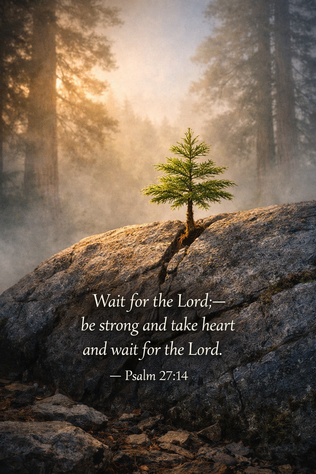 Psalm 27:14 — Wait for the Lord — Tree Growing From Rock Phone Wallpaper